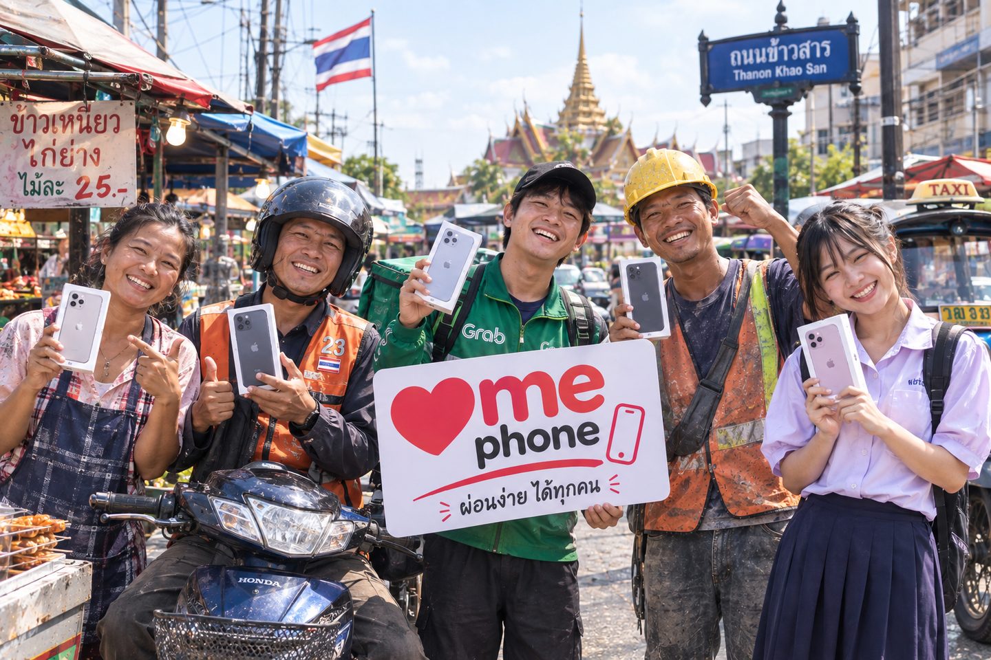 ลูกค้า ME PHONE ถือกล่องมือถือใหม่ที่ถนนข้าวสาร
